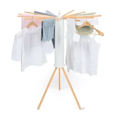 Séchoir à linge à rayons rotatif et pliable blanc et bois