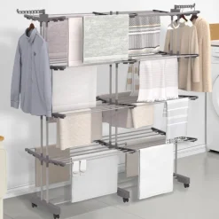 Séchoir à linge vertical pliable et extensible 4 niveaux capacité 50m inox et gris