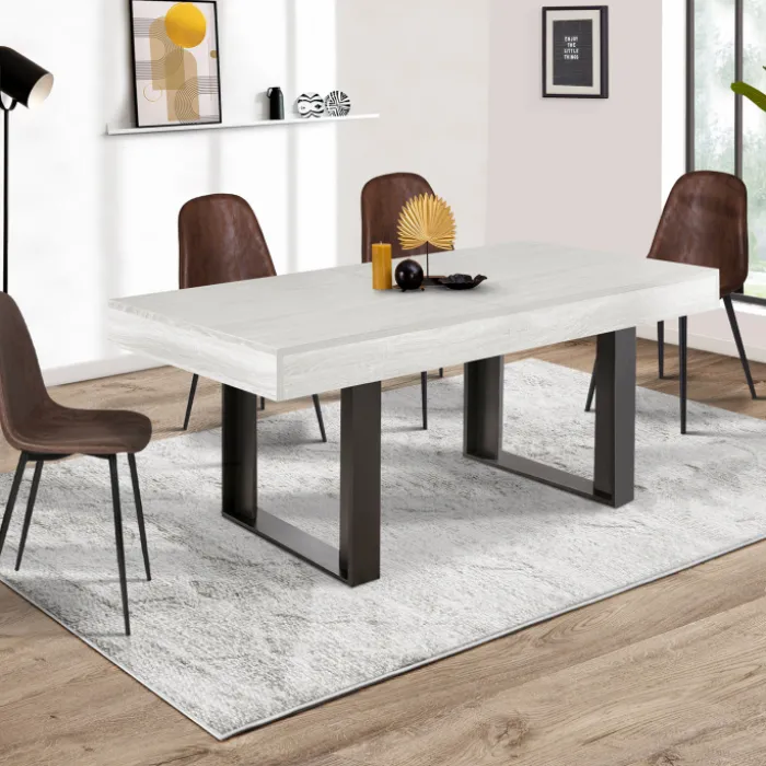 Table à manger 4 à 8 personnes bois gris et pieds gris foncé