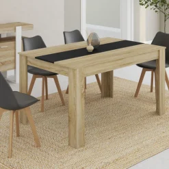 Table à manger 6 personnes imitation hêtre et noire