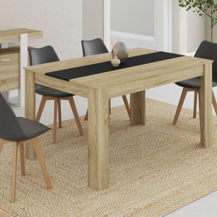 Table à manger 6 personnes imitation hêtre et noire