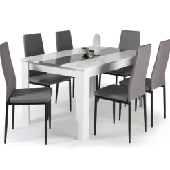 Table à manger blanche et grise 140 cm avec 6 chaises grises