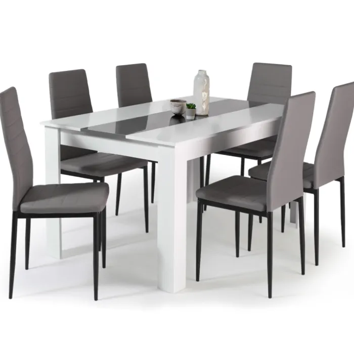 Table à manger blanche et grise 140 cm avec 6 chaises grises