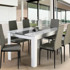 Table à manger blanche et grise 140 cm avec 6 chaises grises