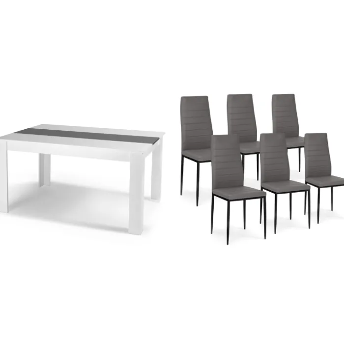Table à manger blanche et grise 140 cm avec 6 chaises grises