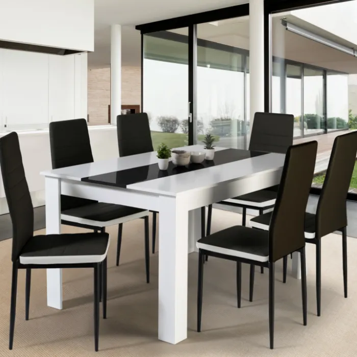 Table à manger blanche et noire 140 cm et 6 chaises noires liseré blanc