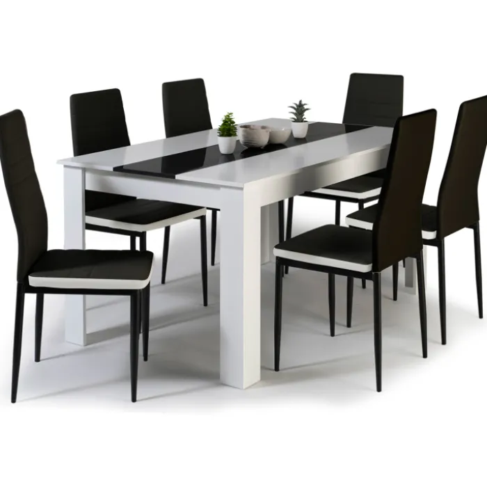 Table à manger blanche et noire 140 cm et 6 chaises noires liseré blanc