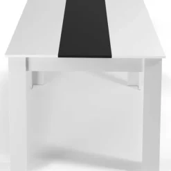 Table à manger blanche et noire 140 cm et 6 chaises noires liseré blanc