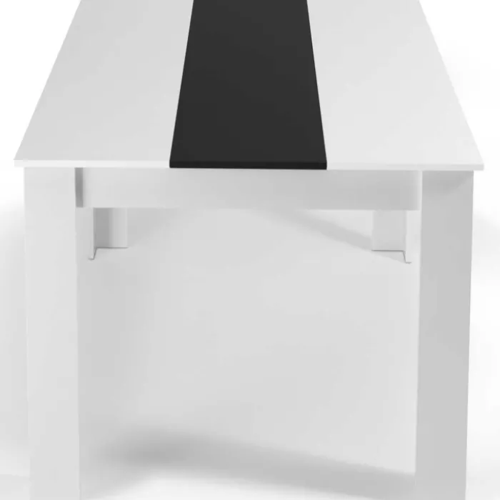 Table à manger blanche et noire 140 cm et 6 chaises noires liseré blanc