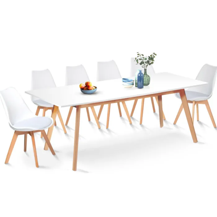 Table à manger blanche extensible 160-200 cm et 6 chaises scandinaves bois et blanc
