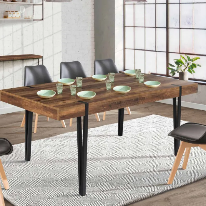 Table à manger bois foncé extensible 6-10 personnes avec pied épingle