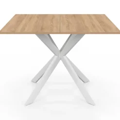 Table à manger carrée 110 cm 8 personnes plateau en bois avec pied araignée en métal blanc