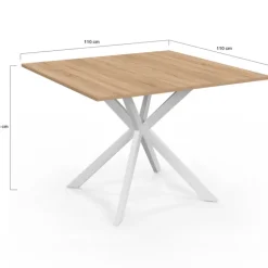 Table à manger carrée 110 cm 8 personnes plateau en bois avec pied araignée en métal blanc