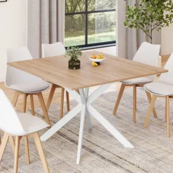 Table à manger carrée 110 cm 8 personnes plateau en bois avec pied araignée en métal blanc
