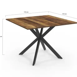 Table à manger carrée 110 cm 8 personnes plateau en bois foncé avec pied araignée en métal noir