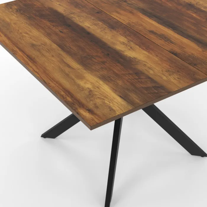 Table à manger carrée 110 cm 8 personnes plateau en bois foncé avec pied araignée en métal noir