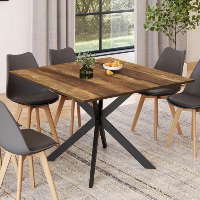 Table à manger carrée 110 cm 8 personnes plateau en bois foncé avec pied araignée en métal noir