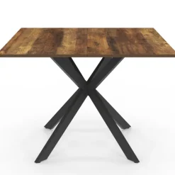 Table à manger carrée 110 cm 8 personnes plateau en bois foncé avec pied araignée en métal noir