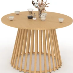 Table à manger de jardin ronde 120 cm 6 personnes avec pied lattes en métal effet bois