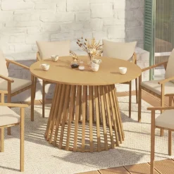 Table à manger de jardin ronde 120 cm 6 personnes avec pied lattes en métal effet bois