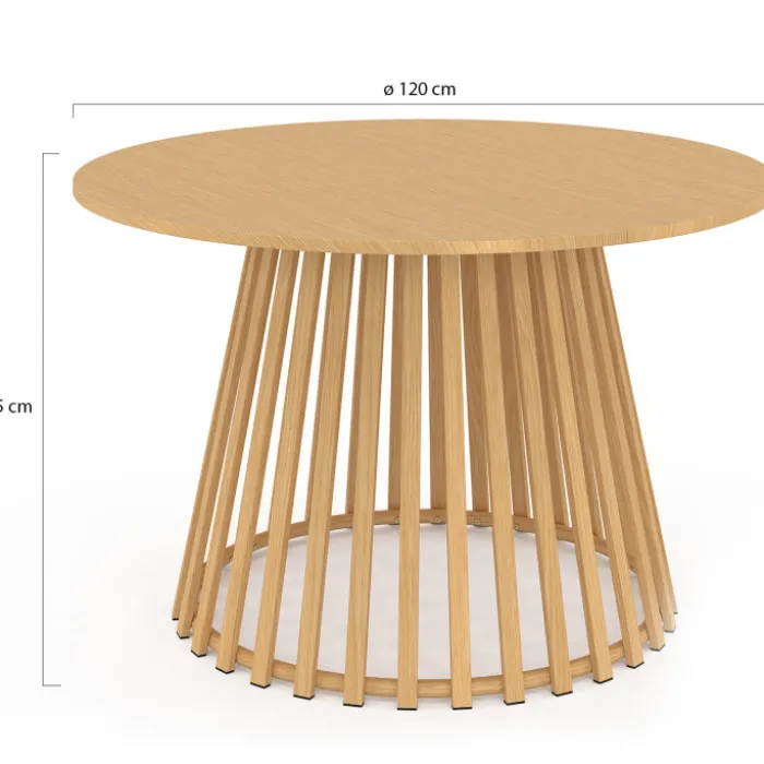 Table à manger de jardin ronde 120 cm 6 personnes avec pied lattes en métal effet bois