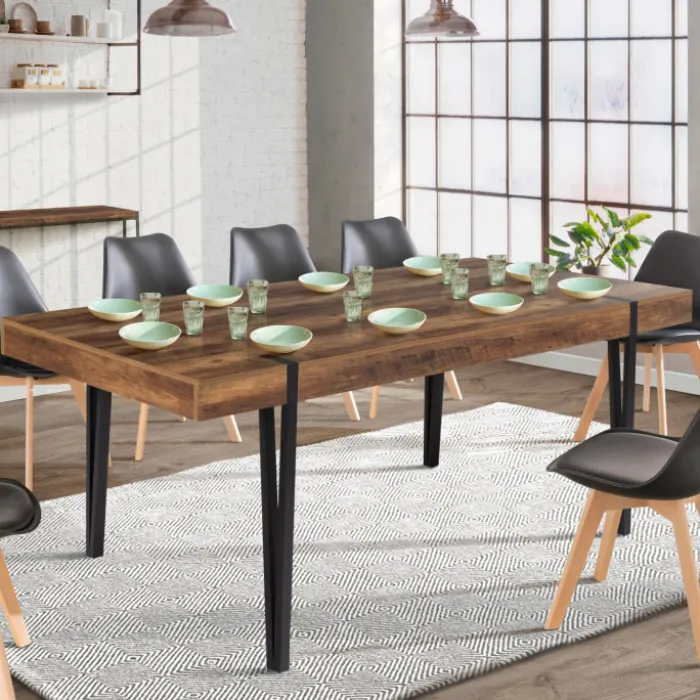 Table à manger effet bois vieilli et métal noir 200 cm 10 personnes
