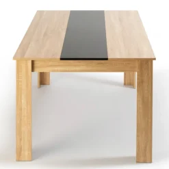 Table à manger en bois imitation hêtre et noir 140 cm et 6 chaises noires