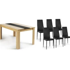Table à manger en bois imitation hêtre et noir 140 cm et 6 chaises noires