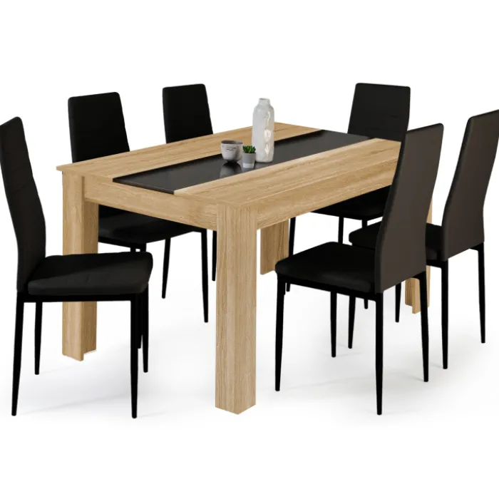 Table à manger en bois imitation hêtre et noir 140 cm et 6 chaises noires