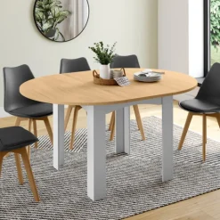 Table à manger extensible ronde en bois 110-150 cm 4-8 personnes plateau façon hêtre