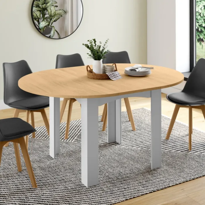 Table à manger extensible ronde en bois 110-150 cm 4-8 personnes plateau façon hêtre