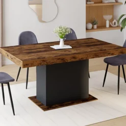 Table à manger extensible bois effet vieilli et noir 6-10 personnes 160-200 cm