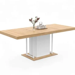 Table à manger extensible rectangulaire bois façon hêtre et blanc