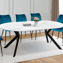 Table à manger extensible ronde 4-10 personnes pied araignée noir plateau effet marbre blanc 110-200 cm