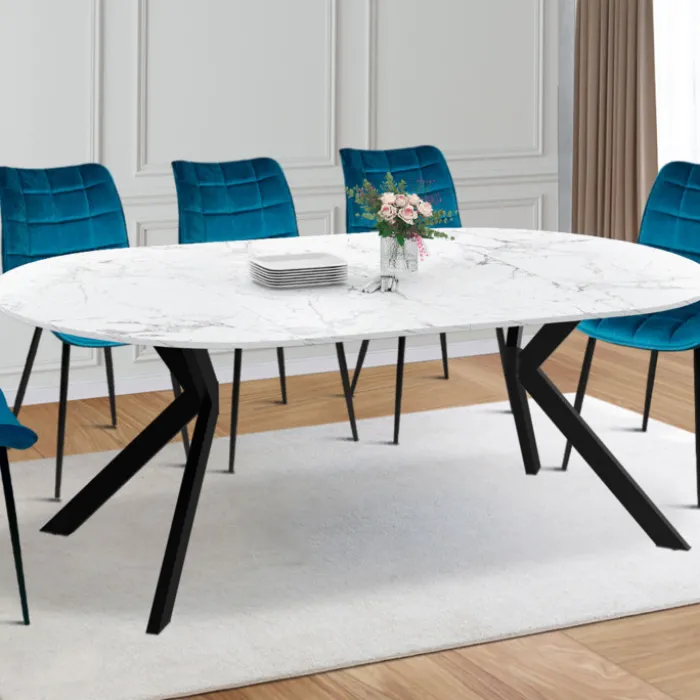 Table à manger extensible ronde 4-10 personnes pied araignée noir plateau effet marbre blanc 110-200 cm