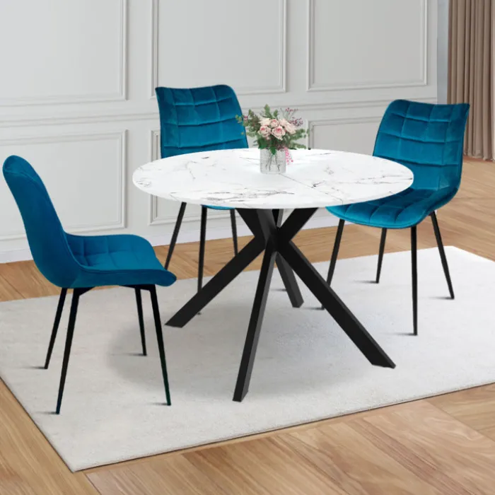 Table à manger extensible ronde 4-10 personnes pied araignée noir plateau effet marbre blanc 110-200 cm