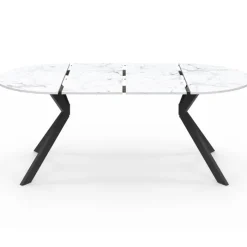 Table à manger extensible ronde 4-10 personnes pied araignée noir plateau effet marbre blanc 110-200 cm