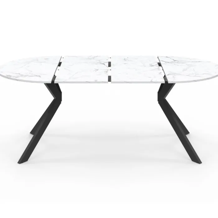 Table à manger extensible ronde 4-10 personnes pied araignée noir plateau effet marbre blanc 110-200 cm