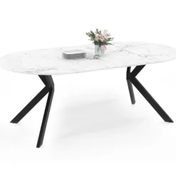 Table à manger extensible ronde 4-10 personnes pied araignée noir plateau effet marbre blanc 110-200 cm
