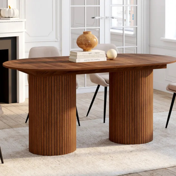 Table à manger extensible ovale JULIETTE 6-10 personnes pieds cylindriques lattes tasseau bois coloris noyer 160-200 cm