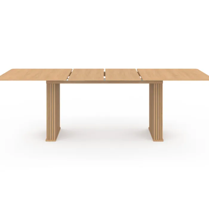 Table à manger extensible rectangle 6-12 personnes pieds lattes tasseau bois coloris chêne 160-240 cm