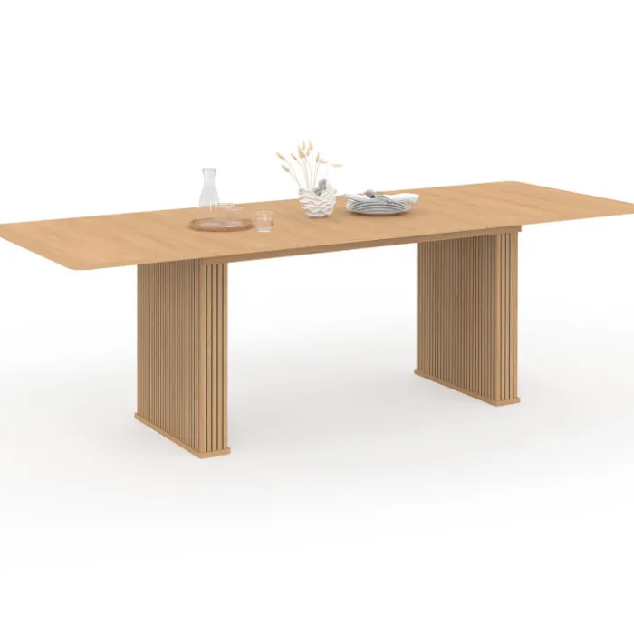 Table à manger extensible rectangle 6-12 personnes pieds lattes tasseau bois coloris chêne 160-240 cm