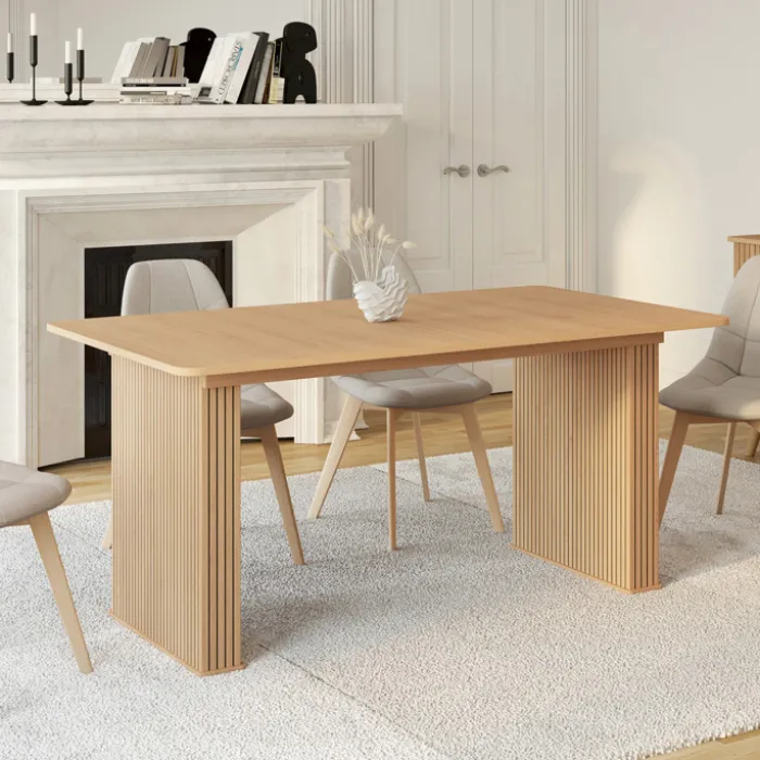 Table à manger extensible rectangle 6-12 personnes pieds lattes tasseau bois coloris chêne 160-240 cm