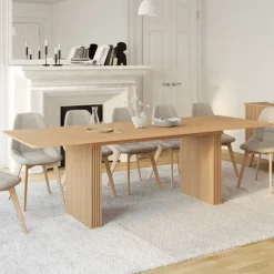 Table à manger extensible rectangle 6-12 personnes pieds lattes tasseau bois coloris chêne 160-240 cm