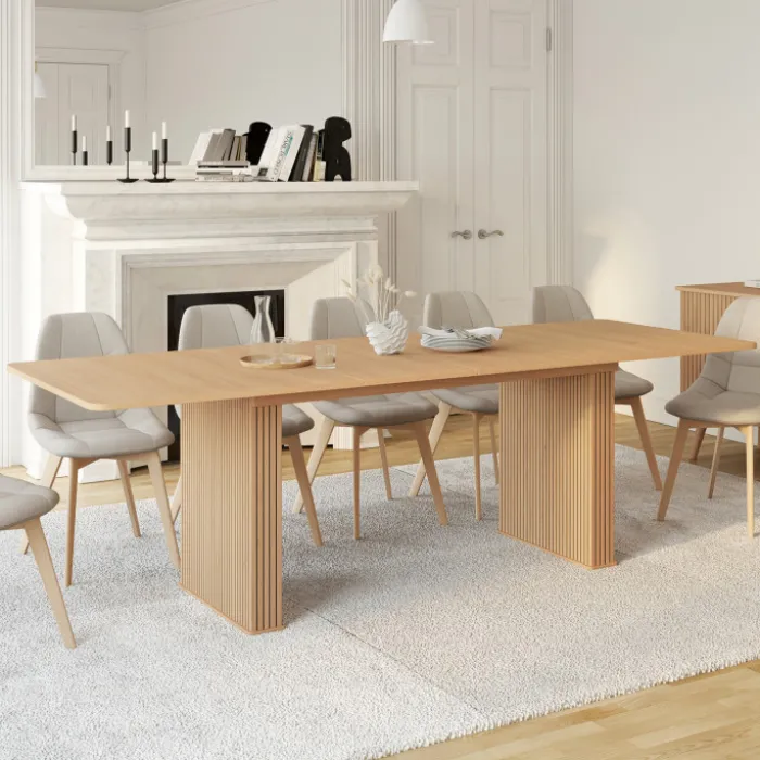 Table à manger extensible rectangle 6-12 personnes pieds lattes tasseau bois coloris chêne 160-240 cm
