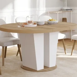 Table à manger extensible ronde 4-8 personnes bois et blanc 110-150 cm
