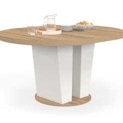 Table à manger extensible ronde 4-8 personnes bois et blanc 110-150 cm