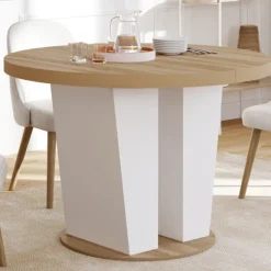 Table à manger extensible ronde 4-8 personnes bois et blanc 110-150 cm