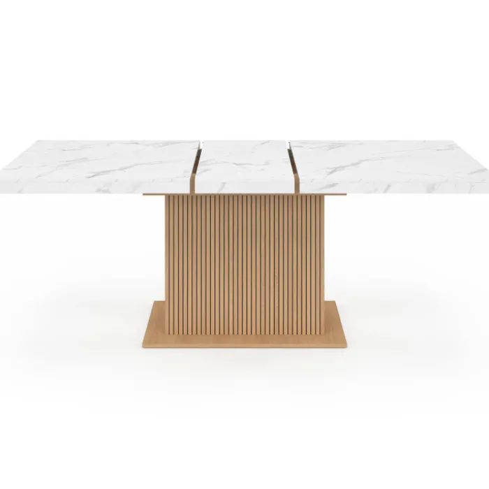 Table à manger extensible rectangle 6-10 personnes plateau effet marbre lattes tasseau bois avec rangement 160-200 cm