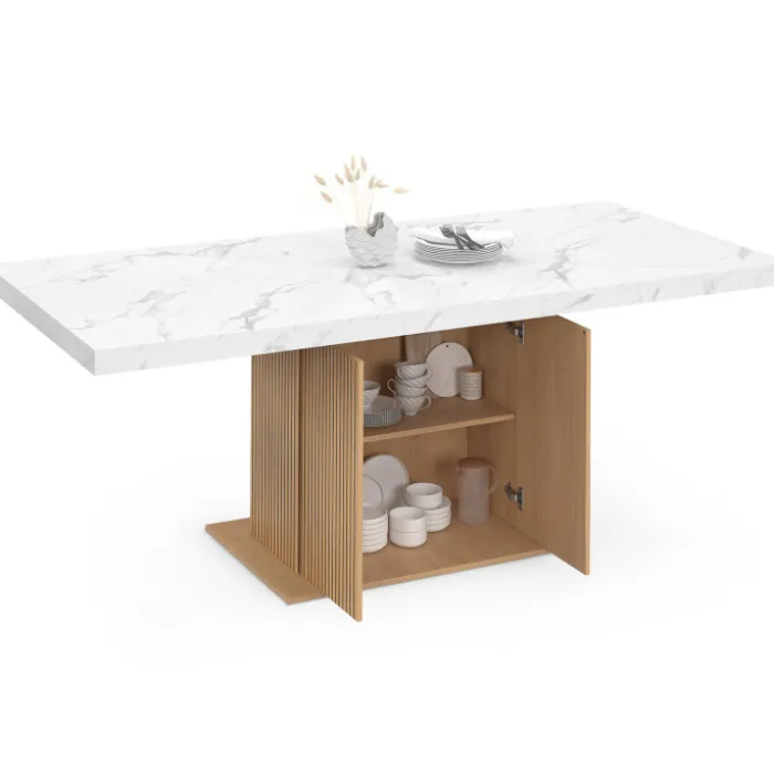 Table à manger extensible rectangle 6-10 personnes plateau effet marbre lattes tasseau bois avec rangement 160-200 cm